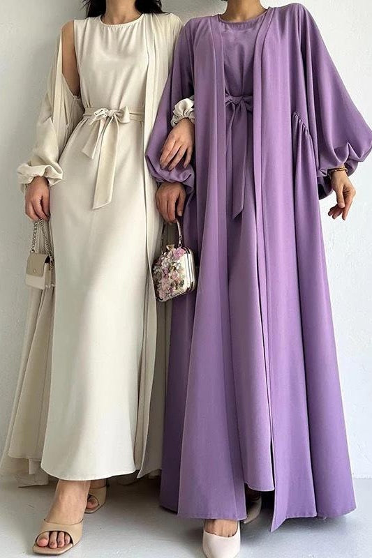 Two Pieces Set Nidha Open Abaya with Bubble Sleeves and Inner Dress