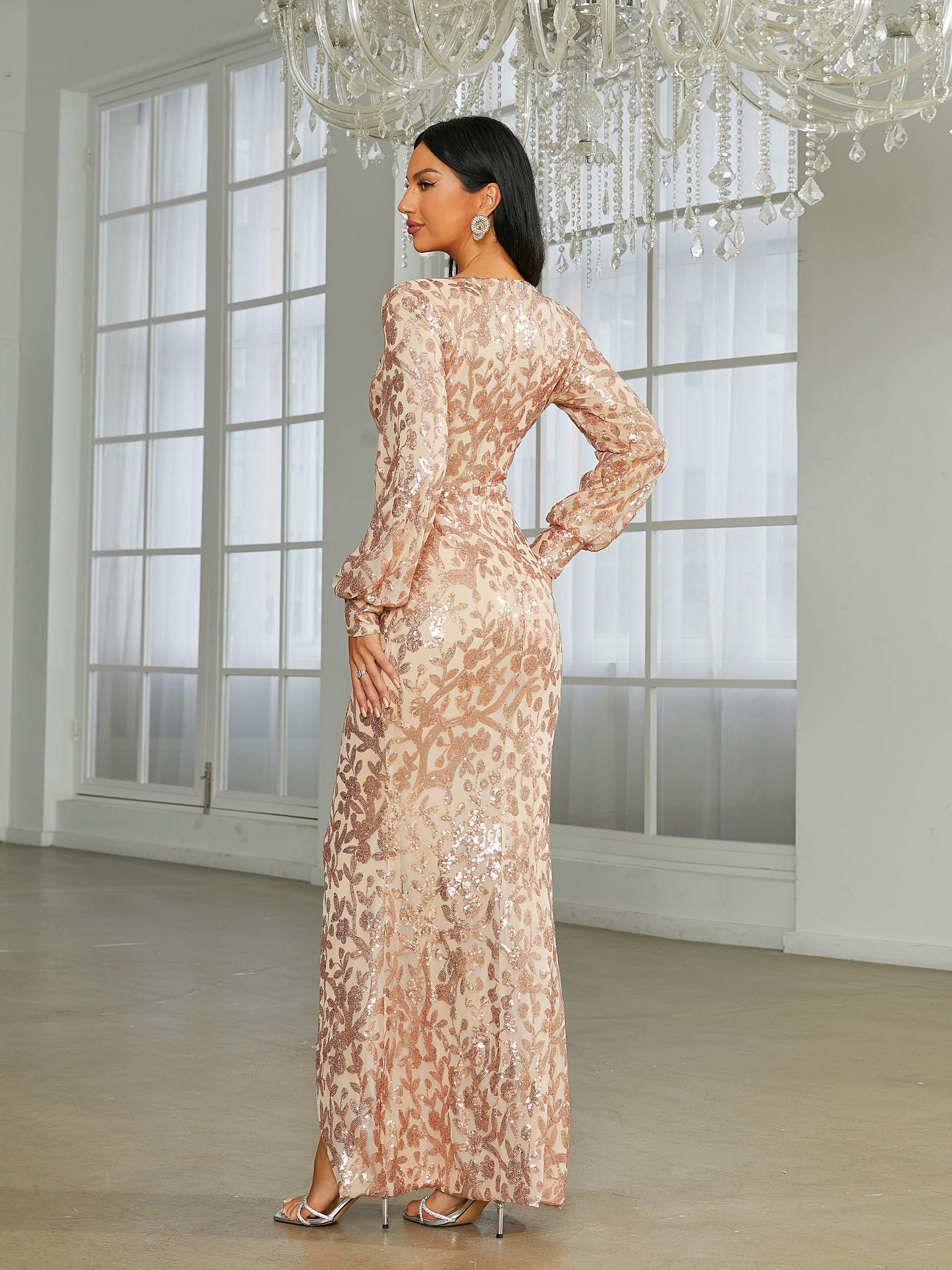V-neck Split Sequin Wedding Guest Dress