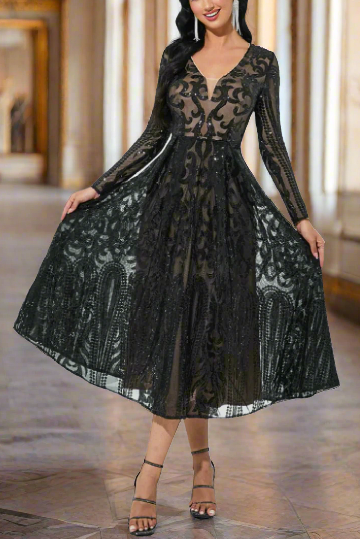 A-Line Tulle Black Midi Dress