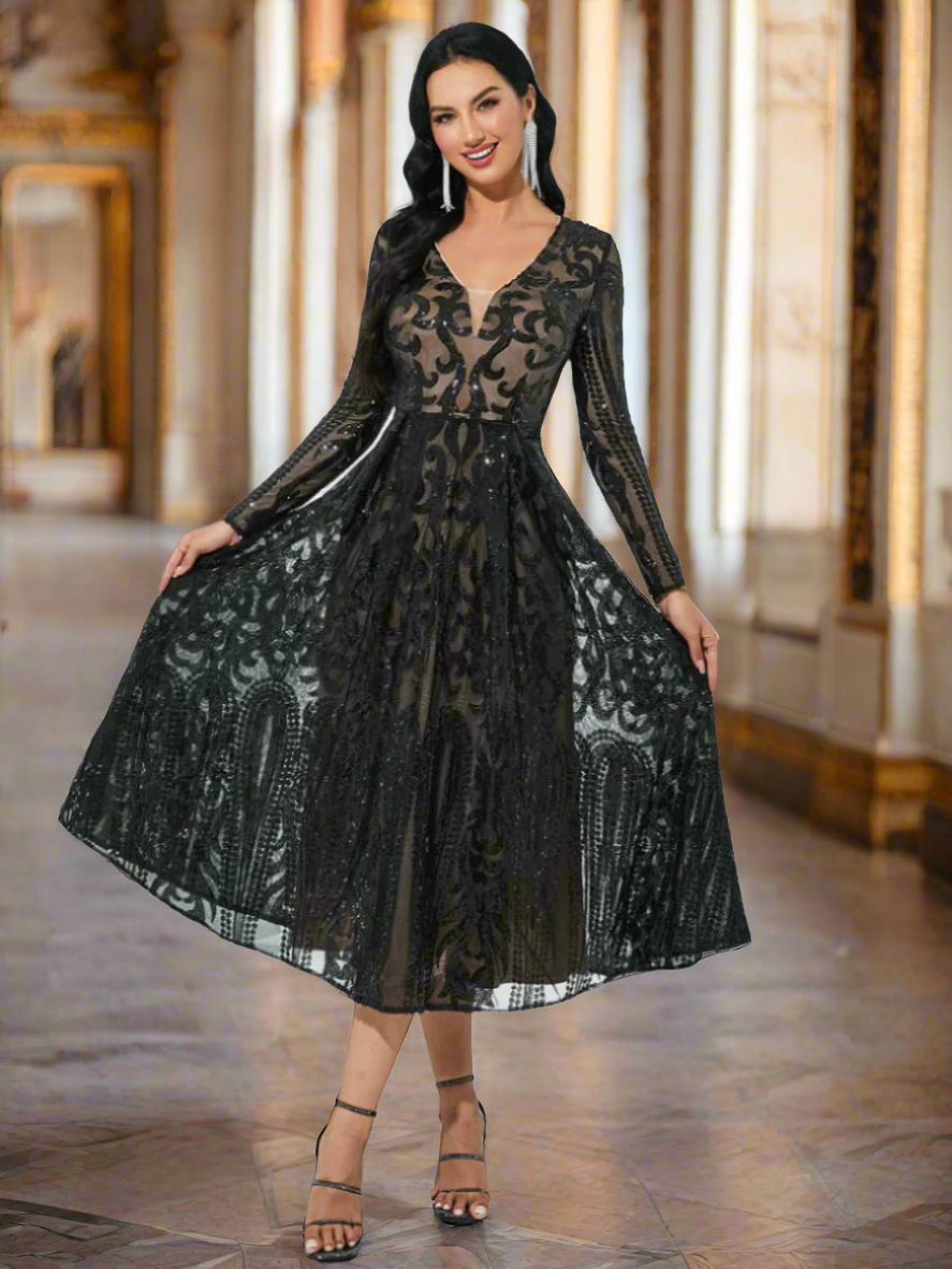 A-Line Tulle Black Midi Dress
