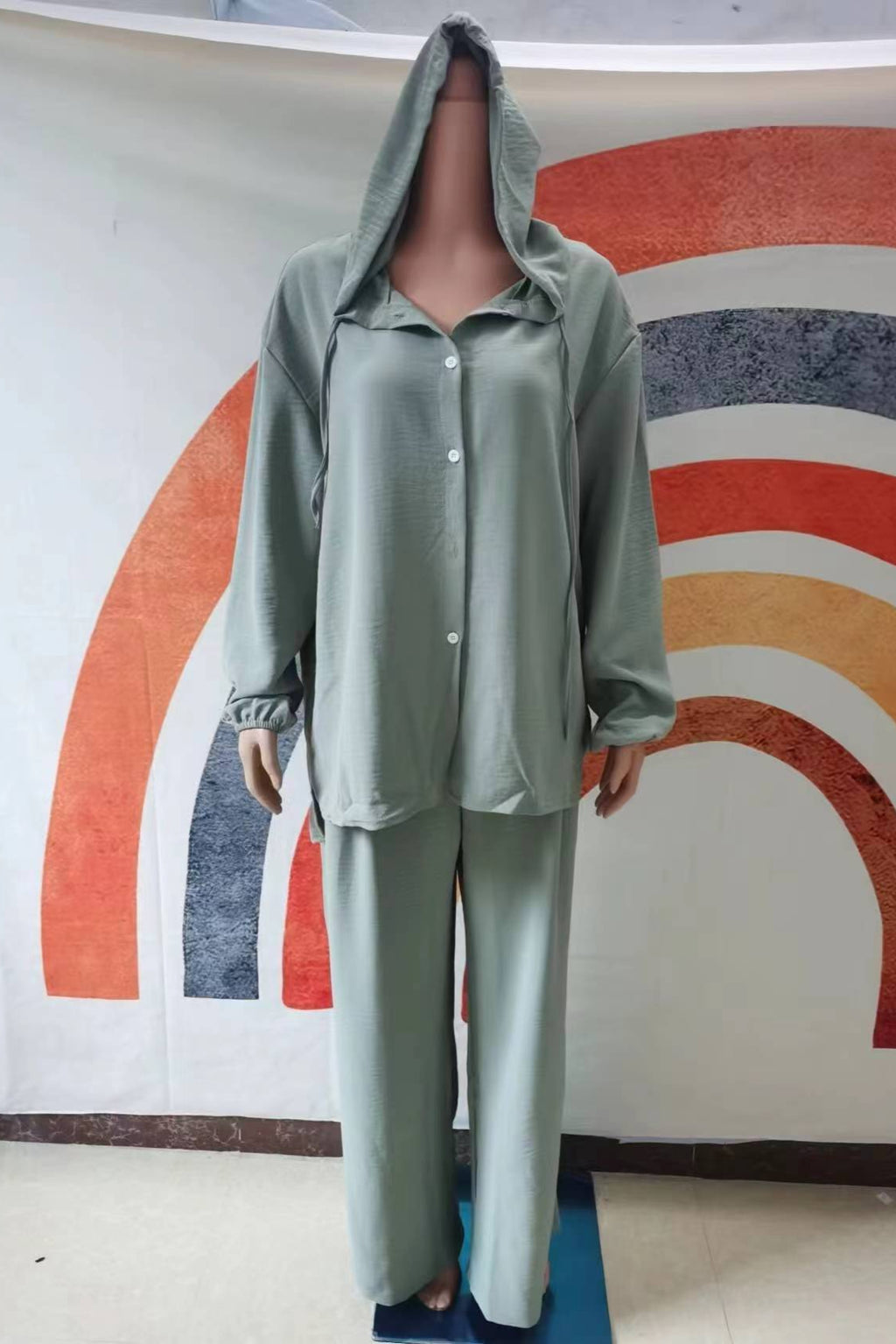 Casual Long Sleeved Hooded Shirt Jacket+straight Leg Pants 2pcs Set