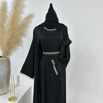 4pcs Set Cardigan+without  Sleeves Inner Dress+Crystal Chain+Hijab