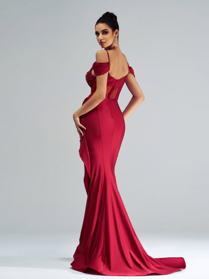 Red Embroidered Ruffled Mermaid Prom Dress