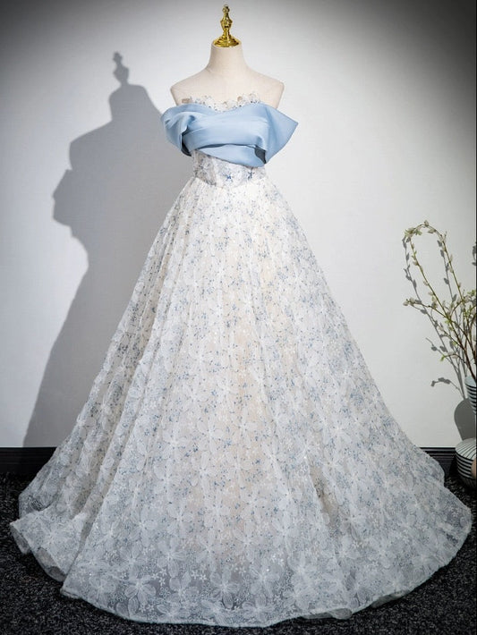 A-Line Off Shoulder Tulle Lace Blue Dress