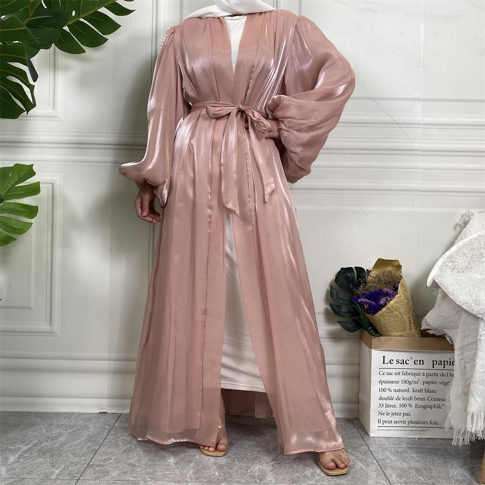 Shiny Silk Balloon Sleeves Lined Cardigan