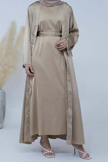 4pcs Set Cardigan+without  Sleeves Inner Dress+Crystal Chain+Hijab