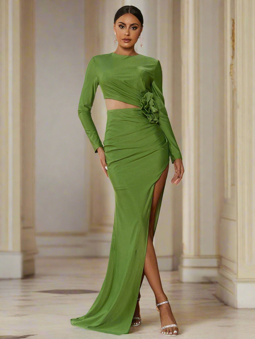 Cutout Long Sleeve Slit Maxi Green Prom Dress
