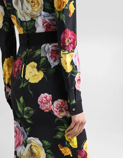 bernice rose print shirt midi dress in black