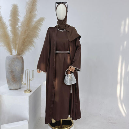 4pcs Set Cardigan+without  Sleeves Inner Dress+Crystal Chain+Hijab