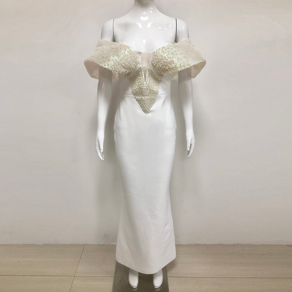 Off-Shoulder pearl embellished bodycon maxi dress in white