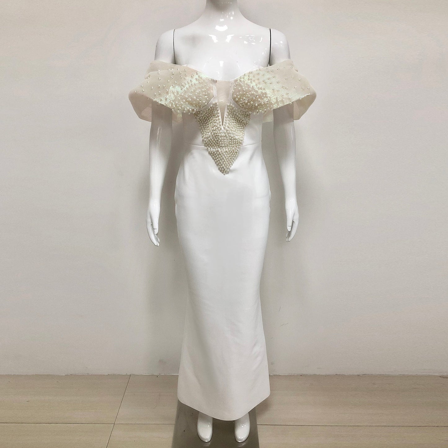 Off-Shoulder pearl embellished bodycon maxi dress in white