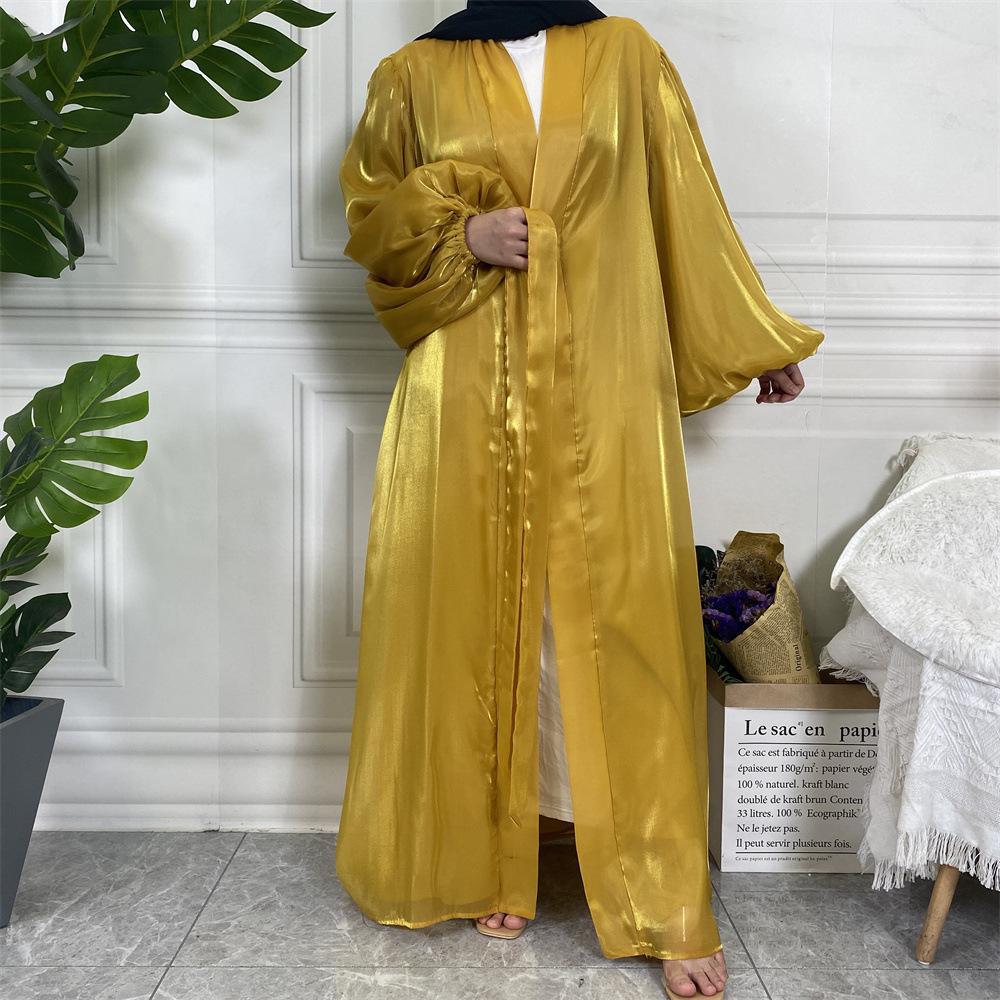 Shiny Silk Balloon Sleeves Lined Cardigan