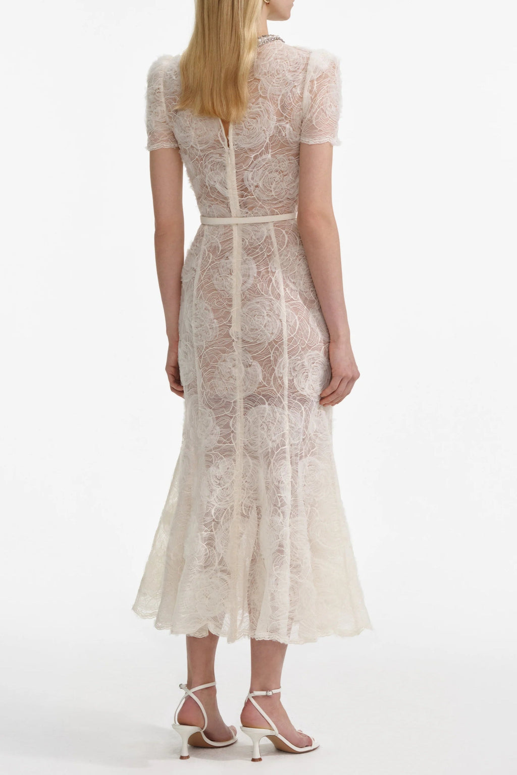 Tulle Lace Diamante Midi Dress in Beige