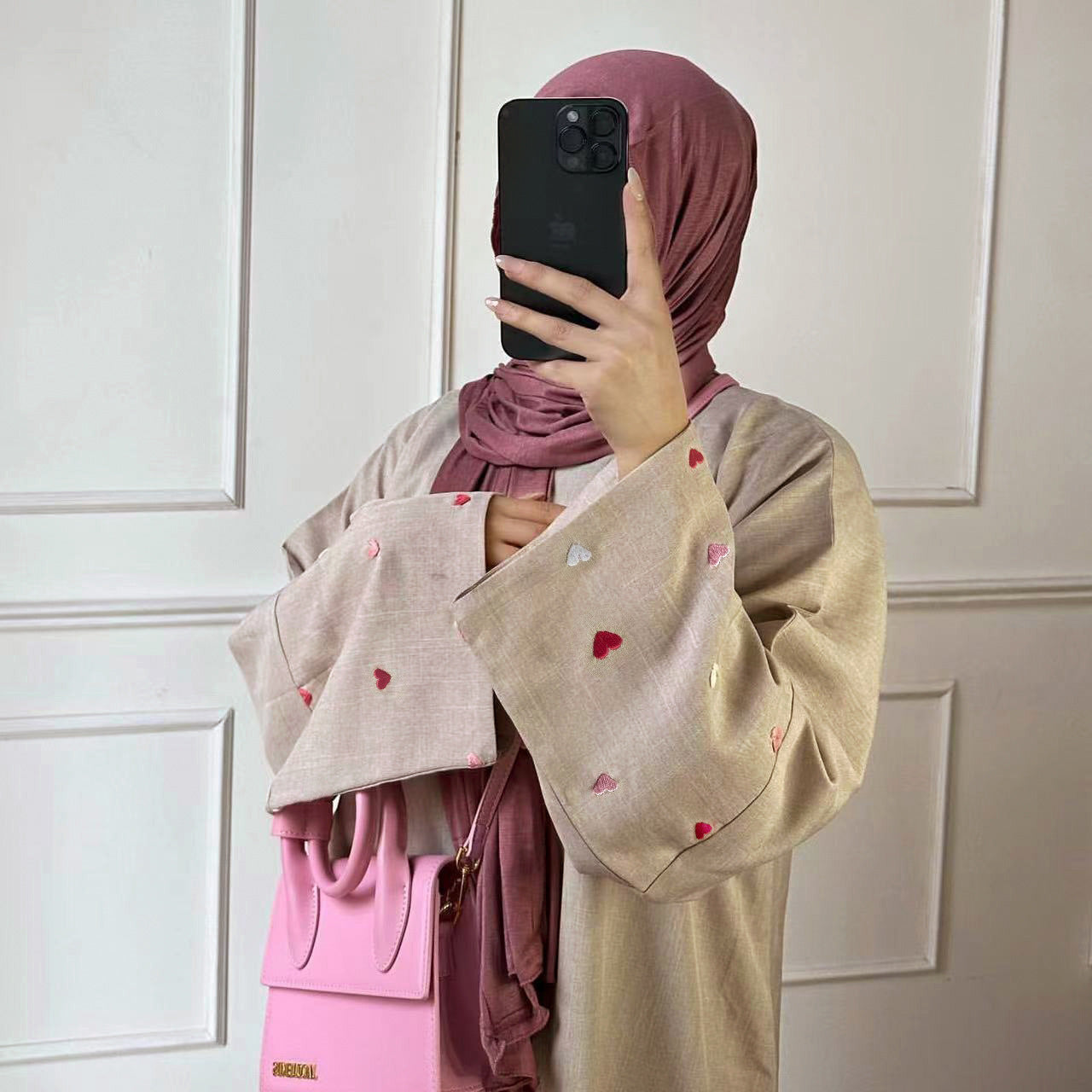 2pcs Set Heart Embroidered Cardigan Robe and Love Hijab
