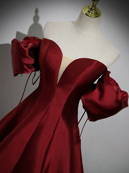 A-Line Puff Sleeves Satin Burgundy Dress
