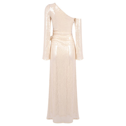 one-shoulder flower embellished sequin maxi dress in apricot
