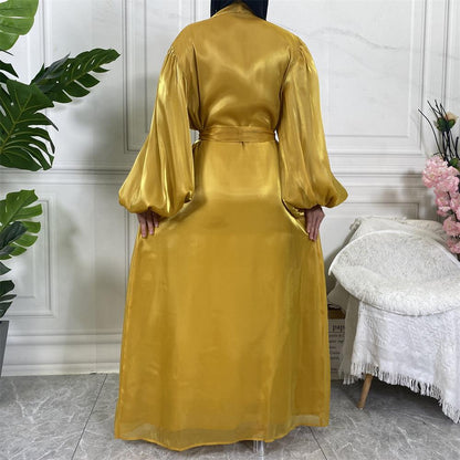 Shiny Silk Balloon Sleeves Lined Cardigan