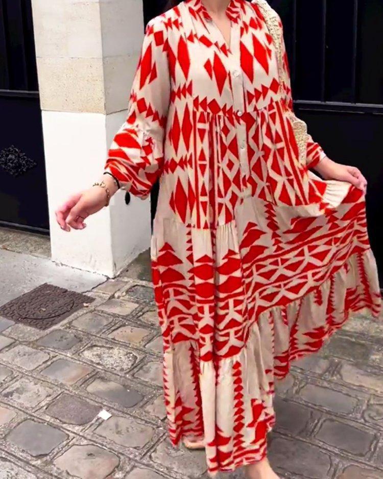 Ladies Elegant Printed Shirt Skirt Bohemian Dress