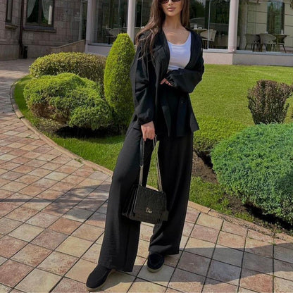 Casual Long Sleeved Hooded Shirt Jacket+straight Leg Pants 2pcs Set