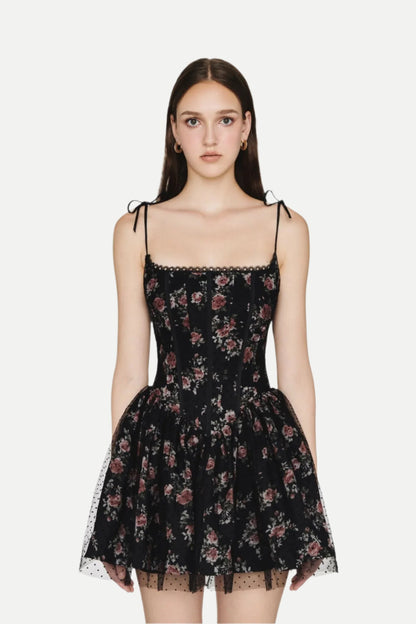 Jubin Mesh printed fishbone mini dress in black