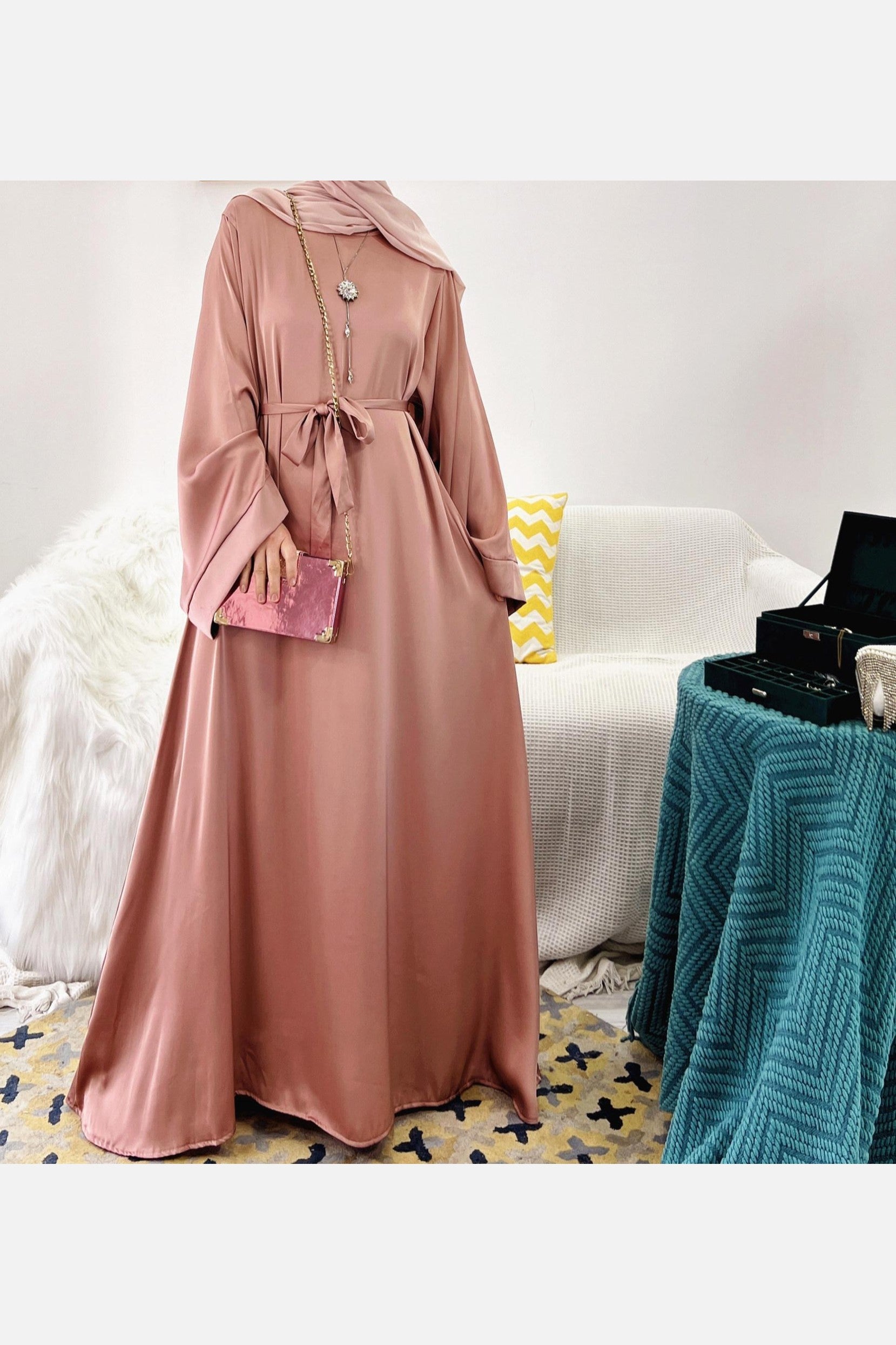 Satin Solid Color Abaya with Zip Pockets