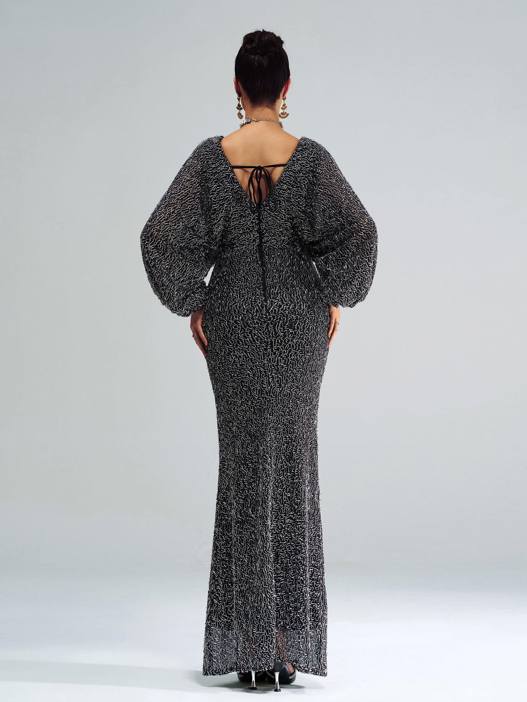 V-Neck Backless Split Sequin Maxi Dress