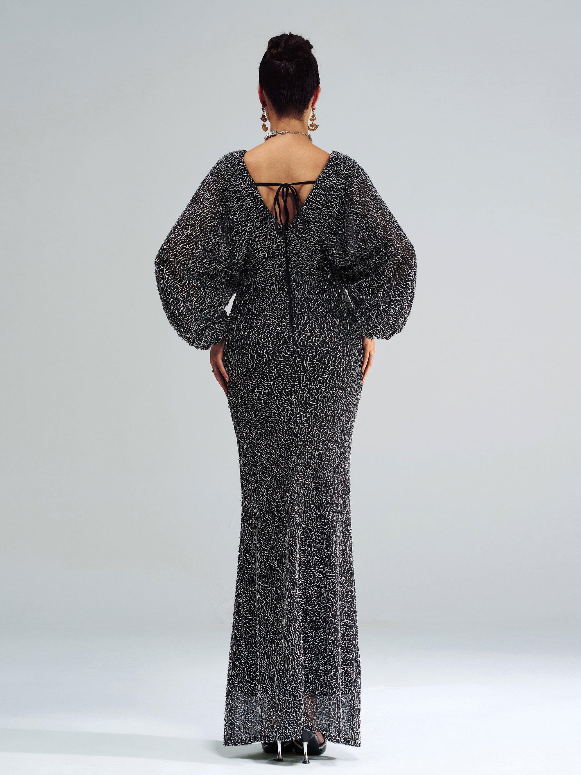V-Neck Backless Split Sequin Maxi Dress