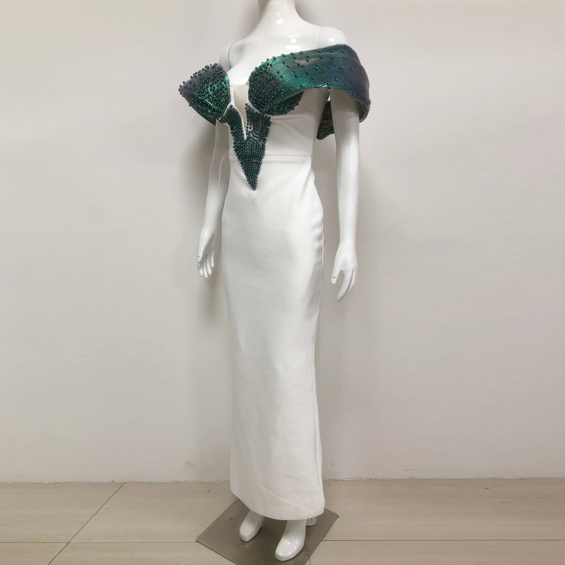 Off-Shoulder pearl embellished bodycon maxi dress in green