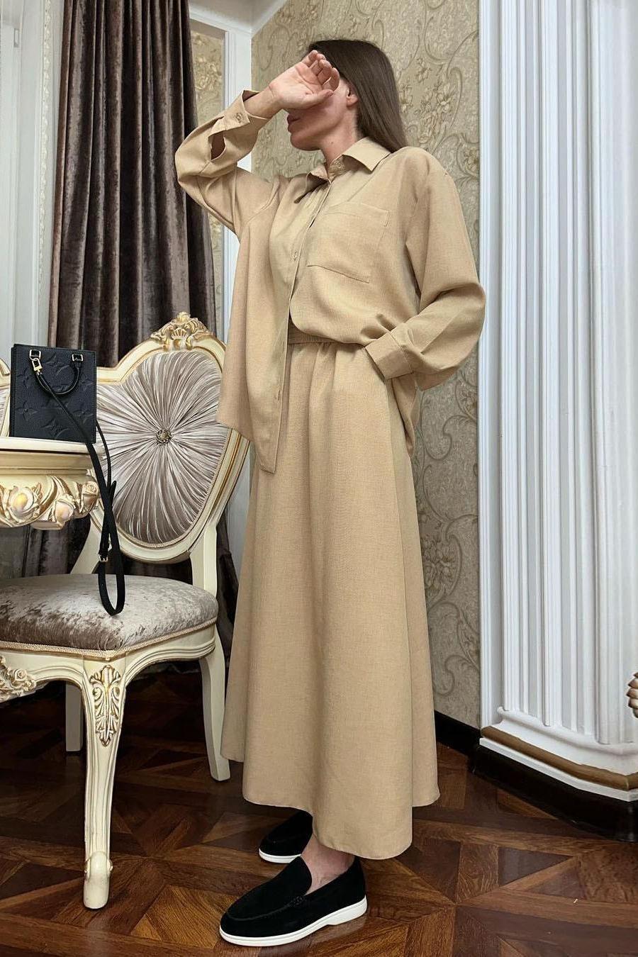 Loose Fitting Long Sleeved Shirt and Half Skirt Casual 2pcs Set