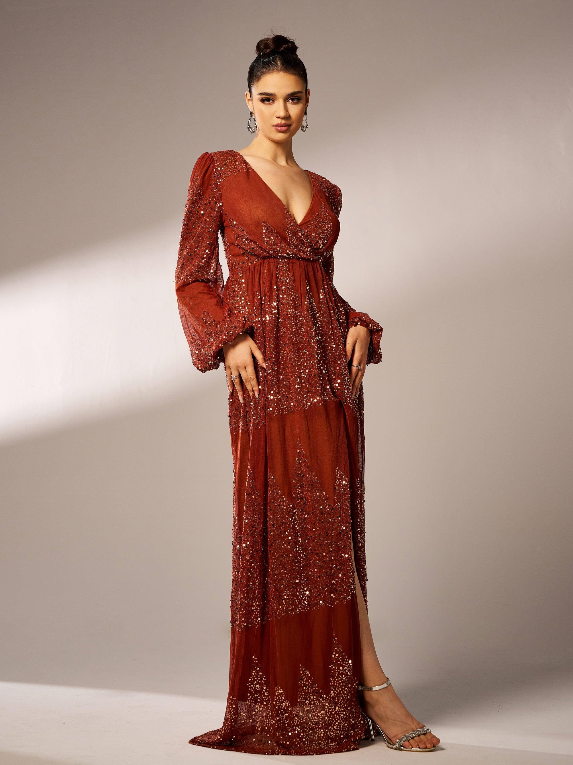Sexy V-neck Slit Sequin Prom Dress