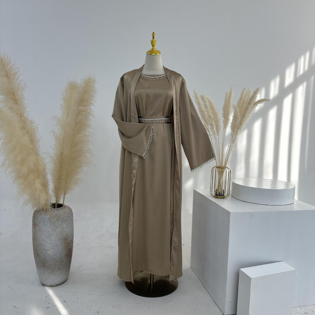 4pcs Set Cardigan+without  Sleeves Inner Dress+Crystal Chain+Hijab