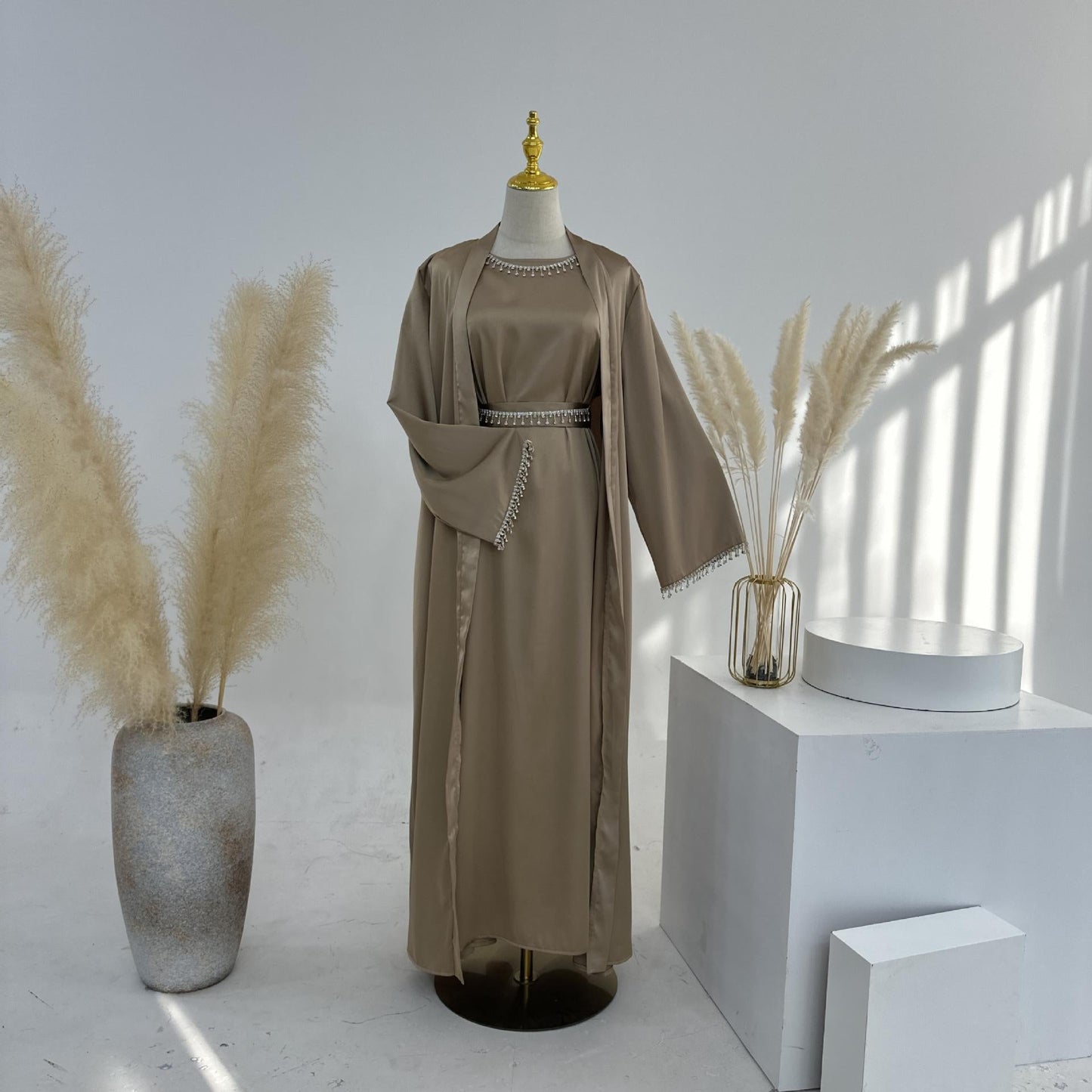 4pcs Set Cardigan+without  Sleeves Inner Dress+Crystal Chain+Hijab