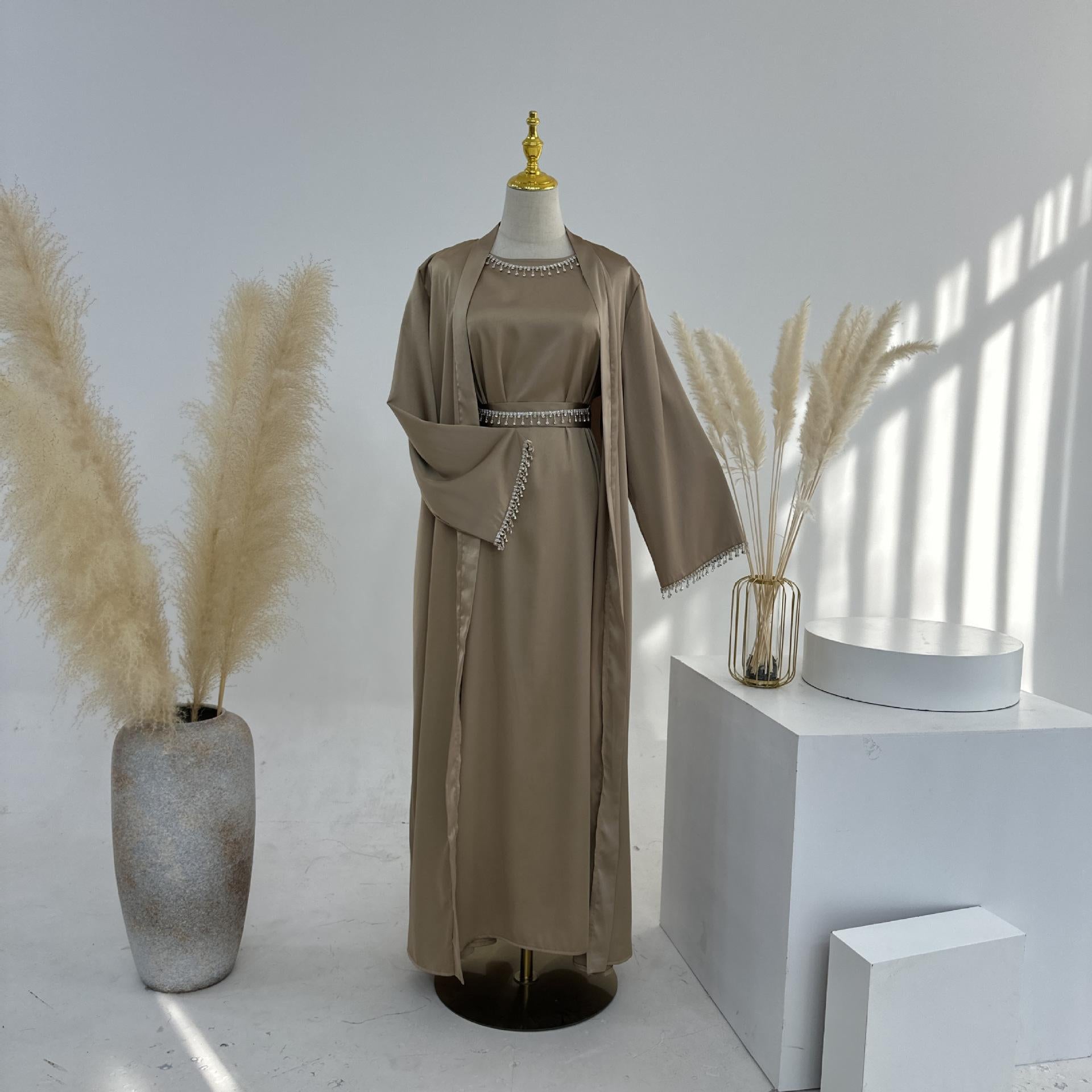 4pcs Set Cardigan+without  Sleeves Inner Dress+Crystal Chain+Hijab