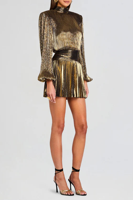 nancy High-necked lantern sleeve pleated mini dress in gold