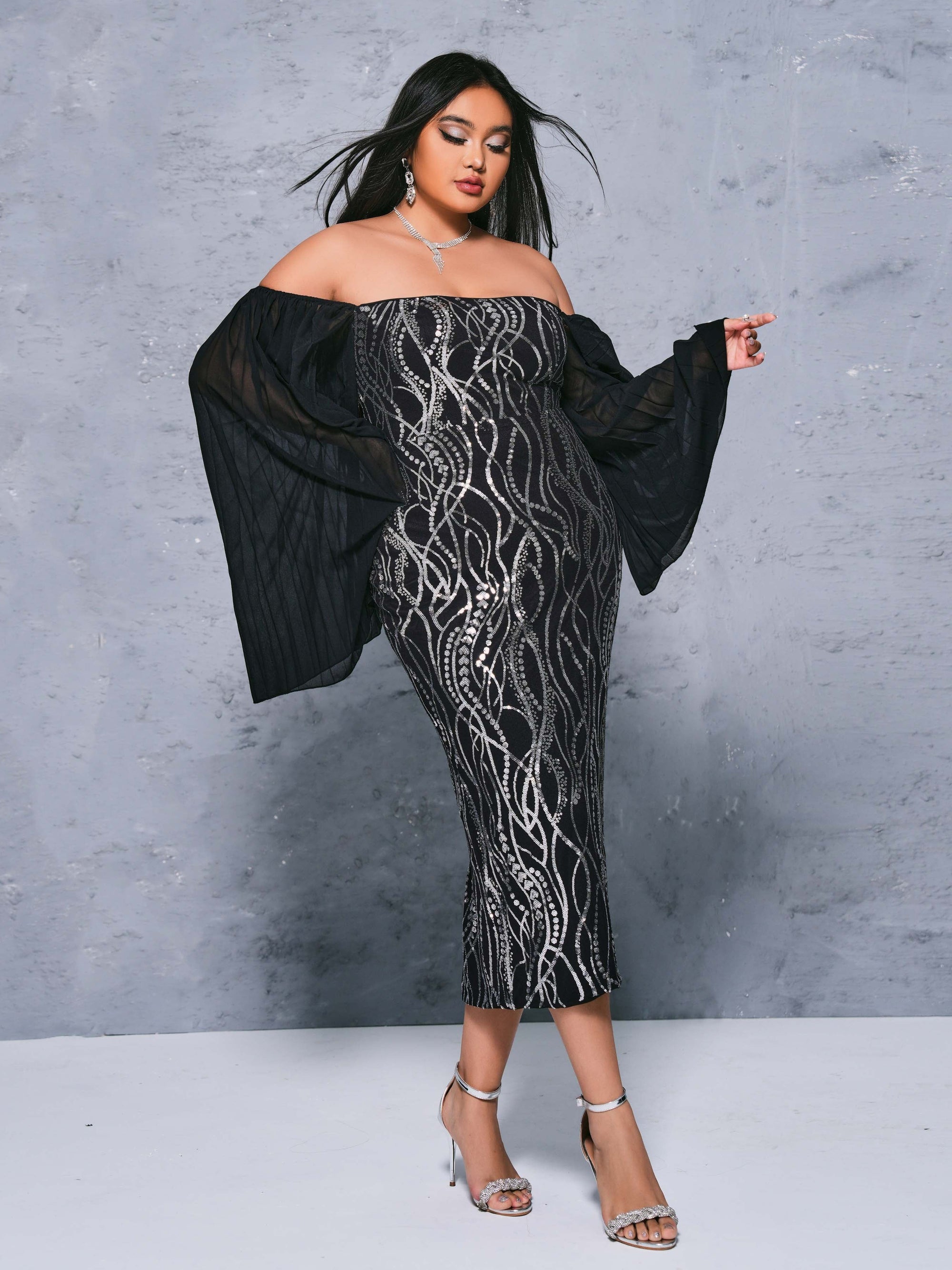 Plus Panel Sleeve Sequin Midi Dress