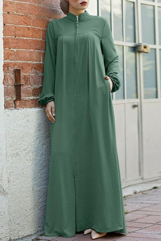 Muslim Style Arabic Style Stand-up Collar Zipper Pockets Abaya Casual Dresses