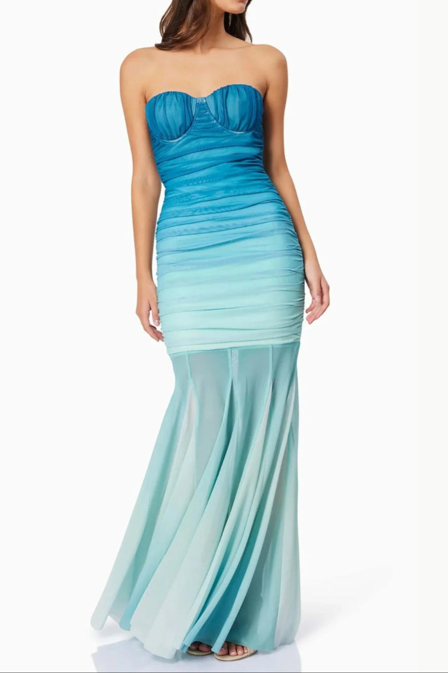 Gradient Mesh Splicing Bodycon Strapless Maxi Dress In Blue