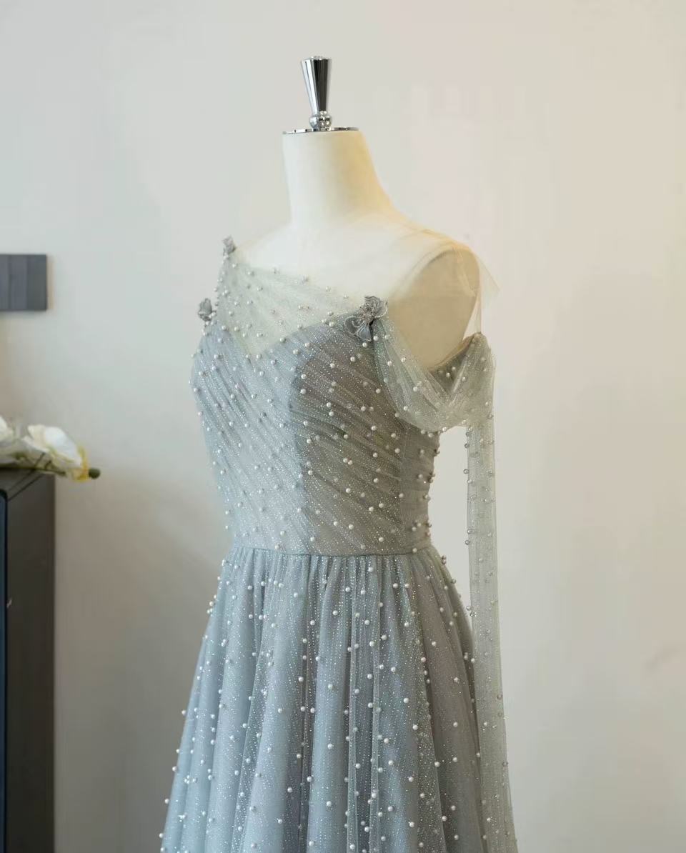Dusty Blue one-shoulder pearl maxi tulle evening dress