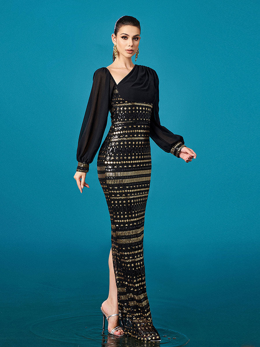 Black Long Sleeve Cutout Sheath Sequin Dress