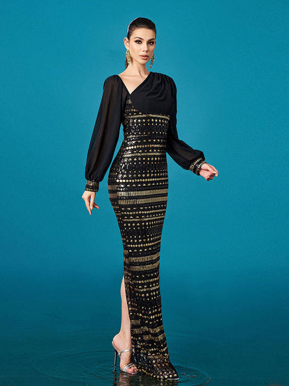 Black Long Sleeve Cutout Sheath Sequin Dress
