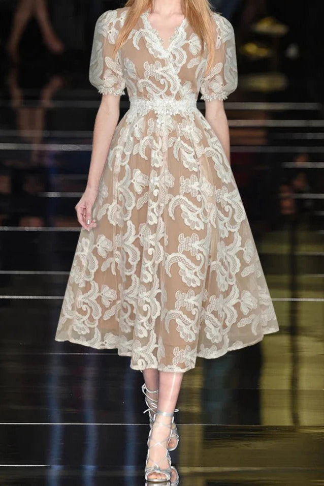 alisa mesh embroidered puff sleeves midi dress in beige