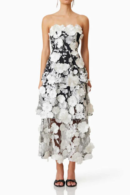 Selene 3D flower Tiered Maxi Dress In Black