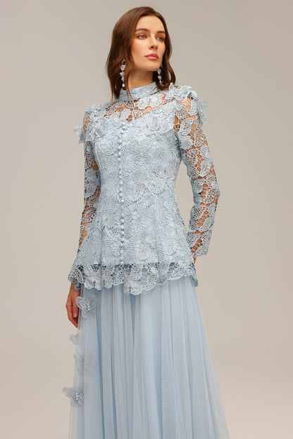 yvette blue Long Sleeve Folds Lace Butterfly Top And Skirt Two-Piece Set