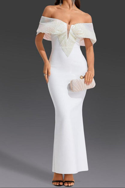Off-Shoulder pearl embellished bodycon maxi dress in white