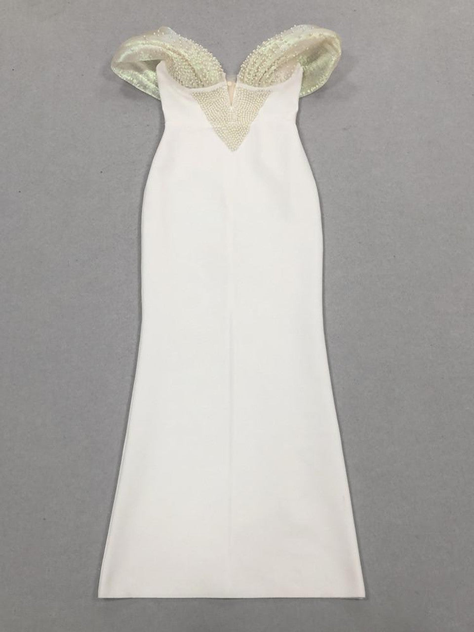 Off-Shoulder pearl embellished bodycon maxi dress in white