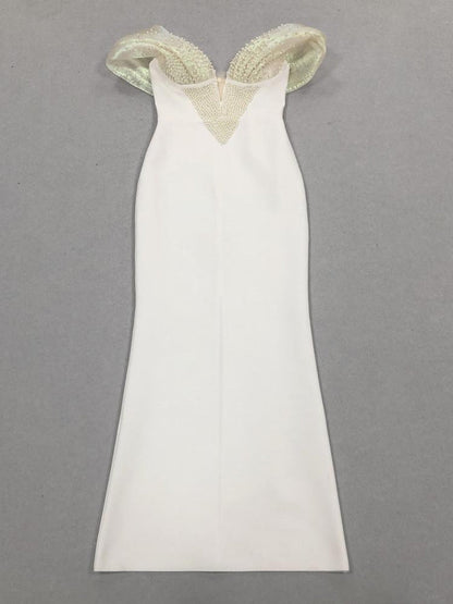 Off-Shoulder pearl embellished bodycon maxi dress in white