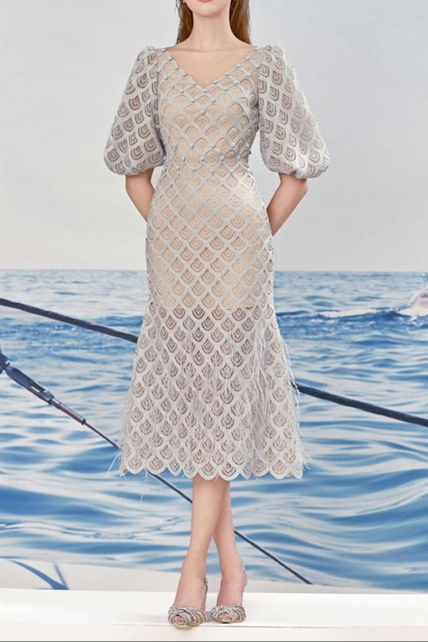 Ciara Trumpet Bishop Sleeved Lace Midi Dress