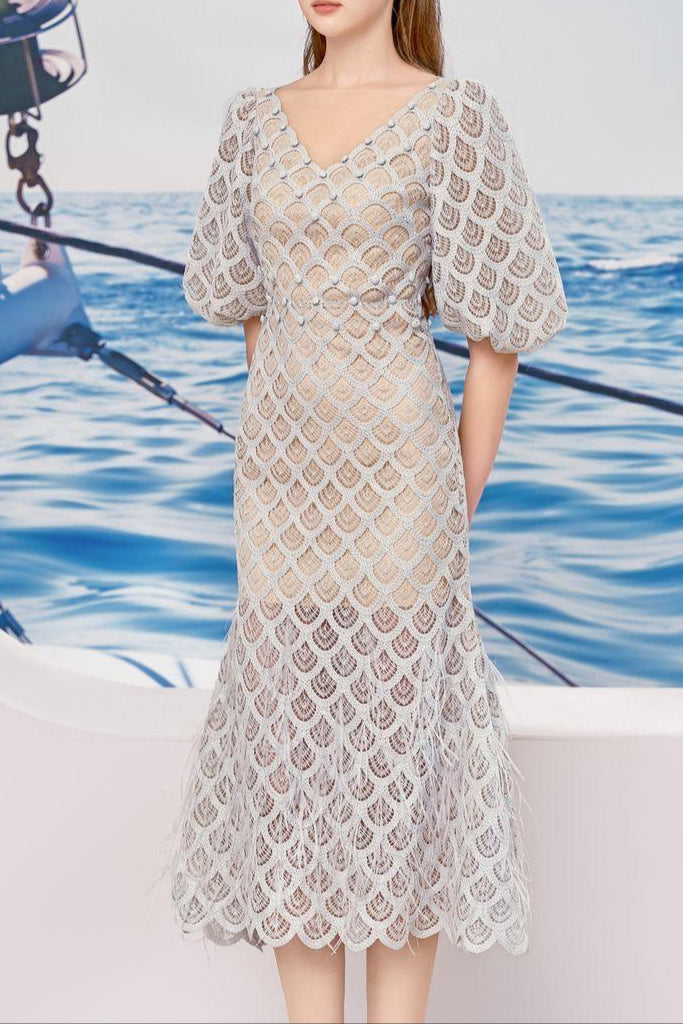 Ciara Trumpet Bishop Sleeved Lace Midi Dress