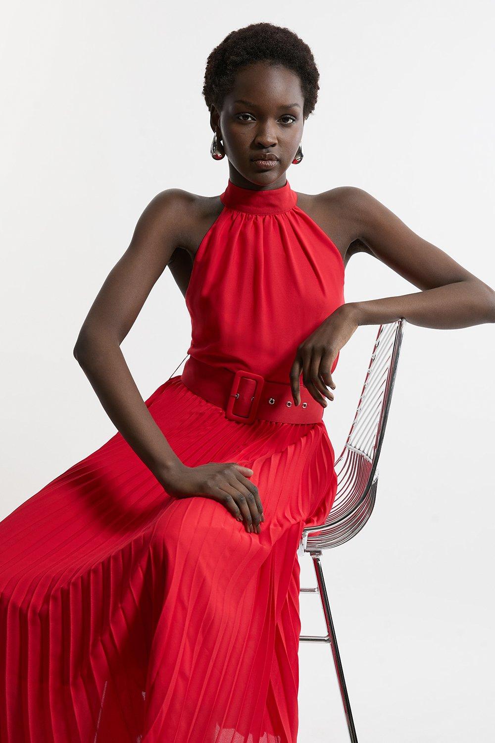 Georgette Belted Pleat Halter Woven Midi Dress