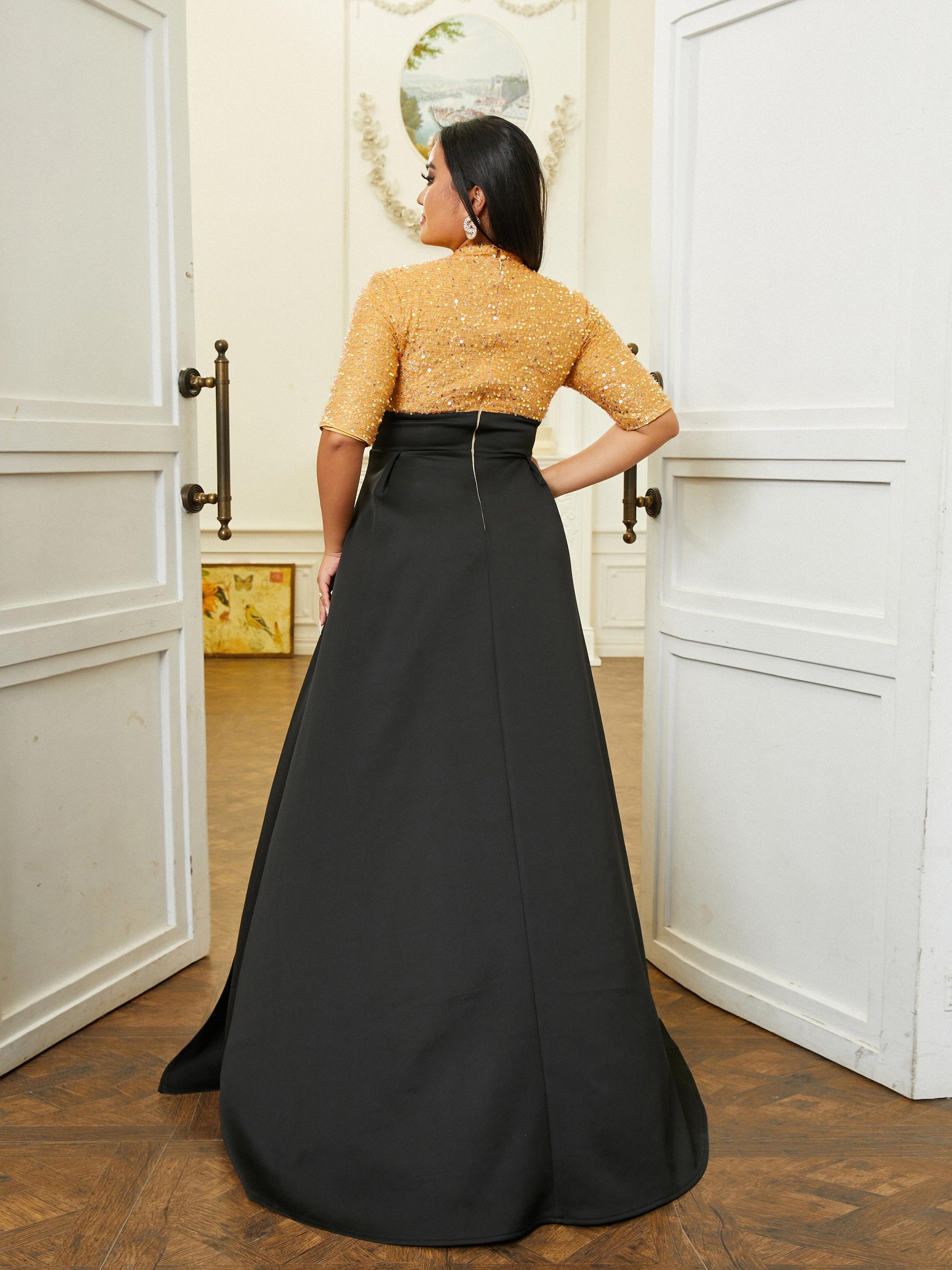 Plus Size Stand Collar Panel A-Line Split Prom Dress